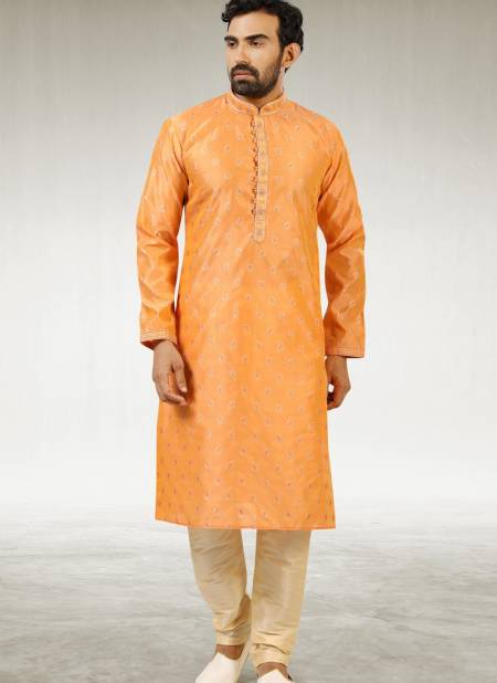 Orange Colour Outluk New Latest Design Jacquard Silk Brocade Party Wear Kurta Pajama Mens Collection 1224-1024